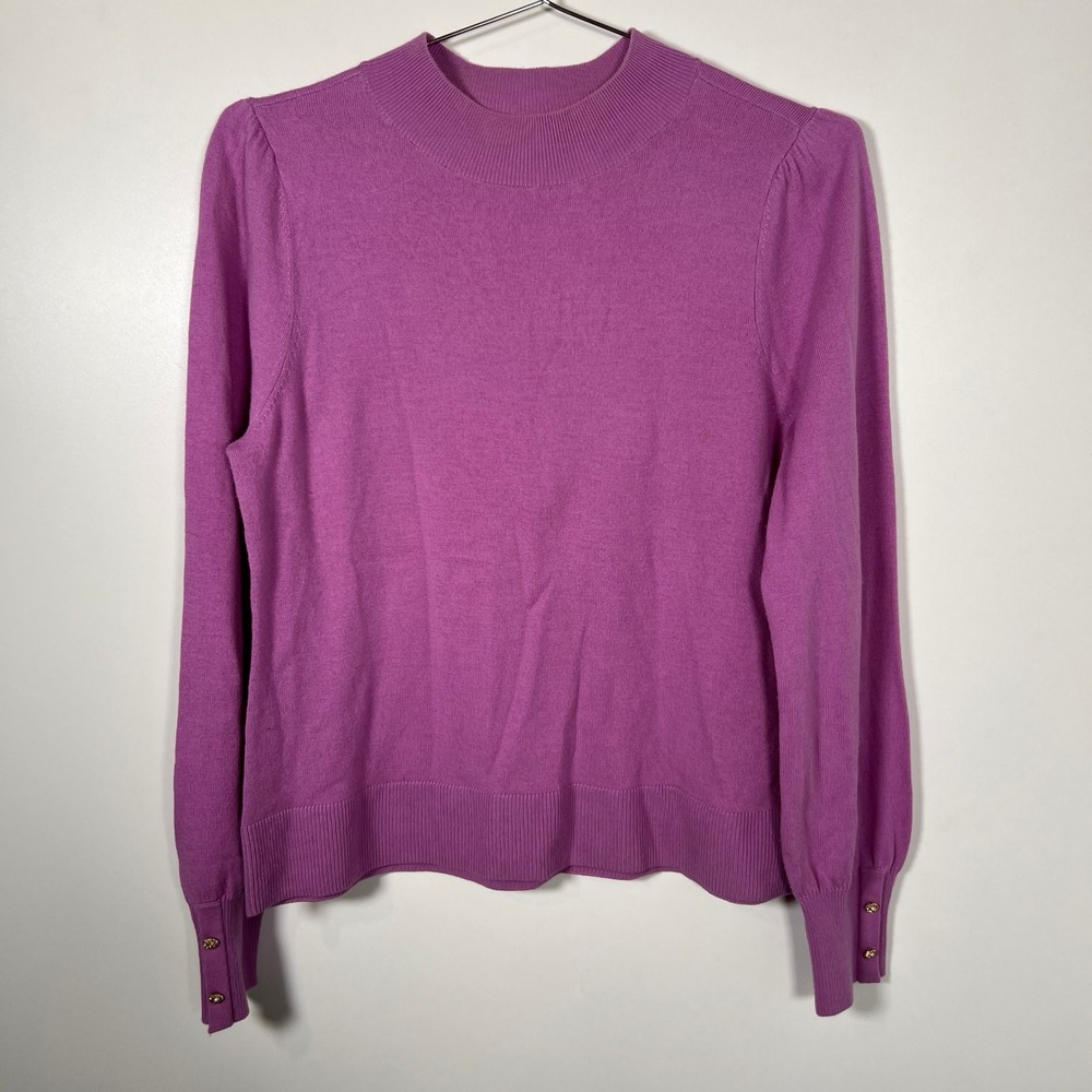 Merino Wool Martha Stewart Purple‎ Mock Neck Puff Sleeve Gold Button Cuffs